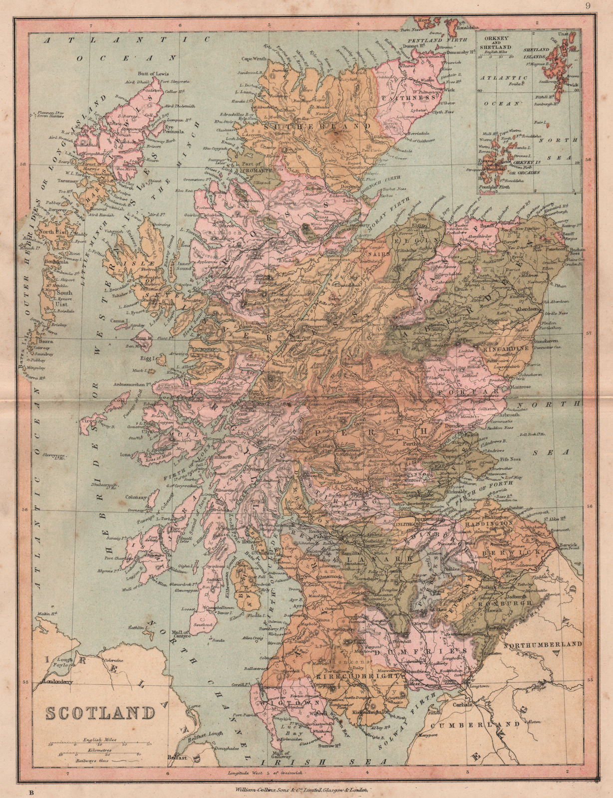 SCOTLAND. Showing counties. COLLINS 1880 old antique vintage map plan chart